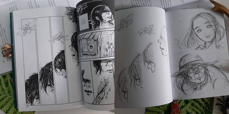 Pan Cykada - Ryuko Iwabuchi. Wnętrze mangi, przykładowe strony z kadrami oraz szkice.